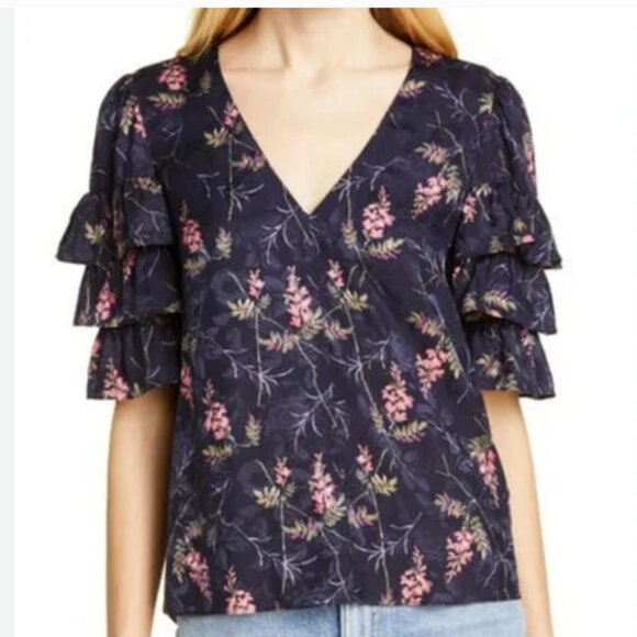 Rebecca Taylor Tops - Rebecca Taylor Sleeve Ivie Ruffle Top  Navy Floral Silk Blend Blouse10